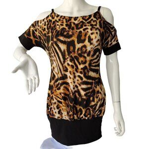 INC International Cold Shoulder Tunic Top Animal Print Poly Knit Women Small NWT